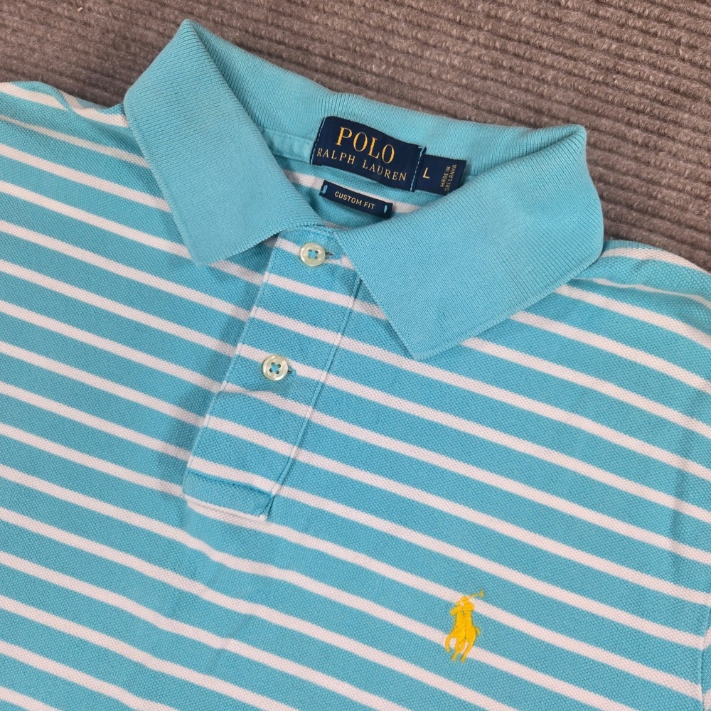 Polo Ralph Lauren Mens L Turquoise White Striped Custom Fit Pique Polo Shirt